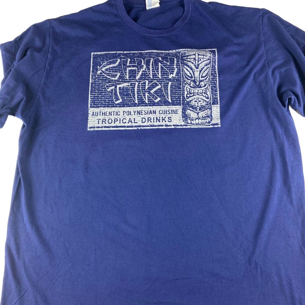Chin Tiki T Shirt Mens 2XL Blue Polynesian Cuisine Tropical Drinks Graphic Tee